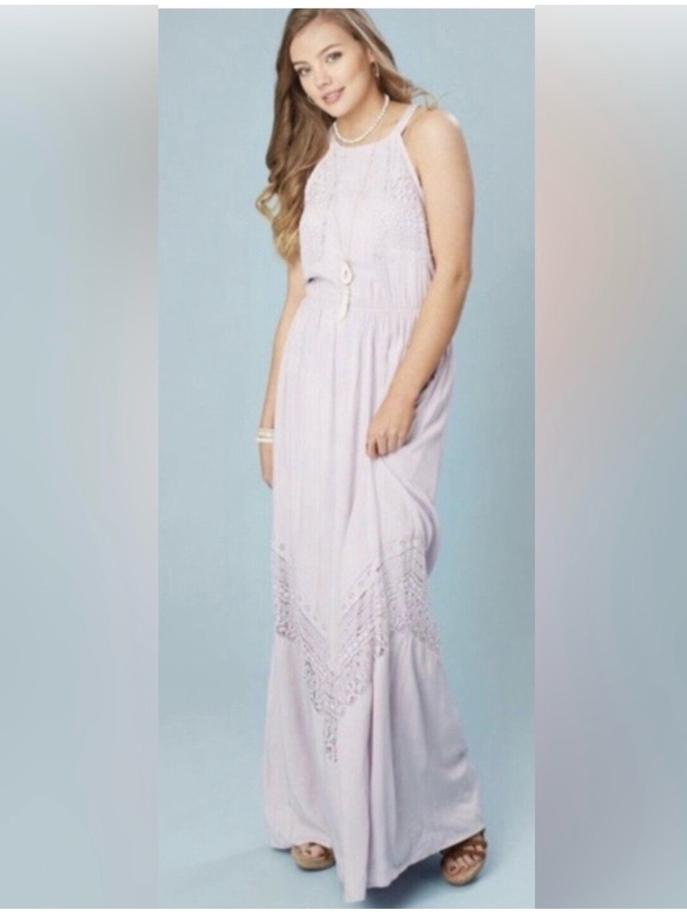 Altar'd State Light Lavender Halter Maxi Dress with Lace Insets
